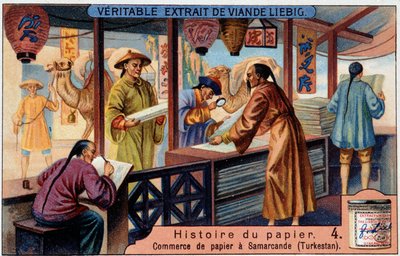 History of Paper. 4. Paper trade in Samarkand (Turkestan). Liebig chromolithography by Unknown artist
