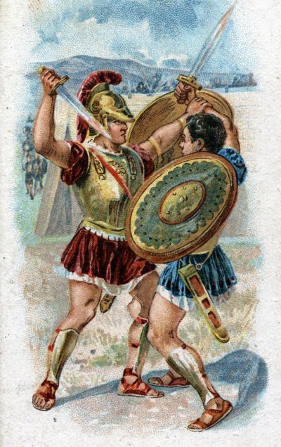 History of the life of Achilles, legendary hero of the Trojan War: Achilles fighting Hector to avenge the death of Patroclus. Chromolithography of 1890 by Unknown artist