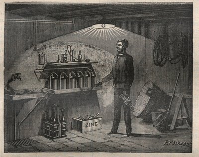 Home Electricite: Installation of the battery invented by Radiguet in a cellar - Engraving in 