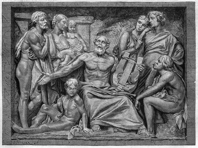 Homer singing with his lyre in a town in Ionia. Engraving after the low relief of Mr. Hugues, grand sculpture prize of the 1875 school competition. by Unknown artist