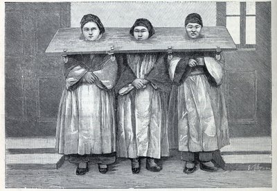Hunting in China: The Cangue, an Apparatus of Torment for Infanticide Mothers. Engraving in 