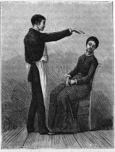 Hypnotism phenomena: hypnotism is produced by suddenly extending the hand in front of the patient. Engraving from 1881. by Unknown artist