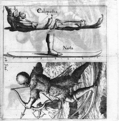 Illustrated board representing an old type of ski. Engraving from the end of the 17th century. by Unknown artist