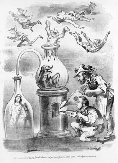 In the alchemy laboratory of the associates Garibaldi and Cavour we see gradually dissipating the unnecessary steam (represented by the masks of the Italian regions), and remaining the substance (Italy) caricature of the satirical newspaper Il Fischietto by Unknown artist