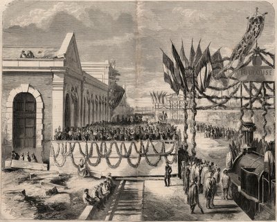 Inauguration of the railway from Toulouse to Sete in 1857. Engraving in 
