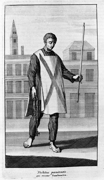 Inquisition. Clothing of San Benito for the procession of the Autodafé. Engraving from “History of Inquisition”, Amsterdam 1692. by Unknown artist