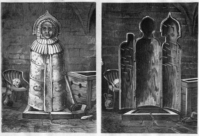 Iron maiden (torture device) - Iron virgin or virgin of Nuremberg torture instrument in the form of an iron or wooden sarcophagus - engraving of 1881 by Unknown artist