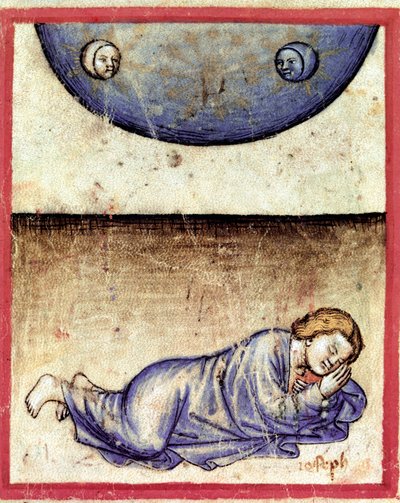 Joseph dreamt that the sun, the moon and eleven stars prostrate before him Miniature from codex 212 (or padovano codice or Bible of Padua) by Unknown artist