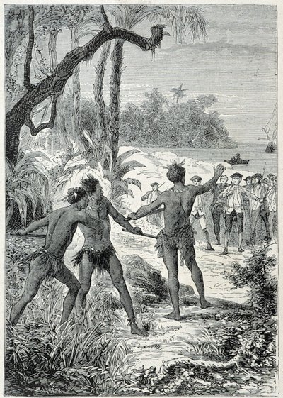 Journey of Captain James Cook (1728-1779) to New Guinea: The First Encounter with the Natives - Illustration from The Great Mariners of the 18th Century by Unknown artist