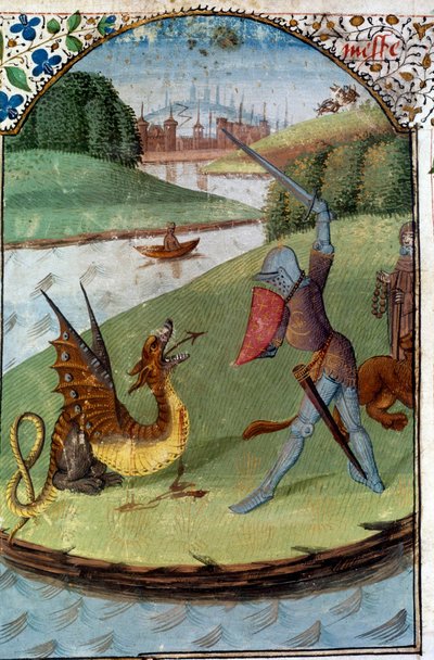 Knights of the Round Table: Lancelot fights against the dragon by Unknown artist