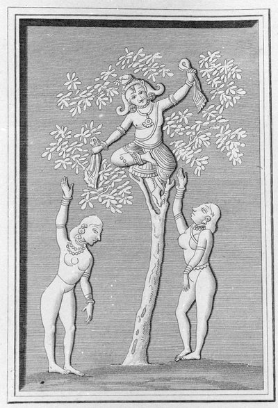 Krishna Flying with Two Gopis. Engraving in 