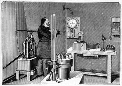 Laboratory installed at ground level in the west pillar of the Eiffel Tower - engraving by Unknown artist