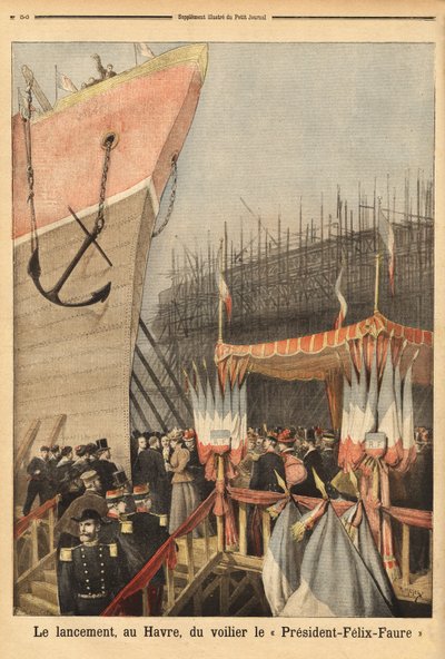 Launch of the sailboat President Felix Faure, on February 3, in Le Havre, sponsored by Lucie Faure, the daughter of the head of state and Louis Brindeau, mayor of Le Havre; it is the first of a series of 4-mast sailboats to be built in Le Havre from 1896 by Unknown artist