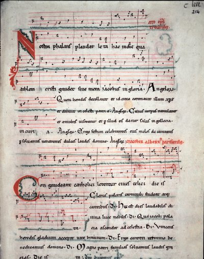 Leaflet of a pilgrim guide with lyrics of the pilgrimage of Santiago de Compostela. Fol. 214 r. From a 13th century manuscript. Archive of the Cathedral of Santiago de Compostela, Spain by Unknown artist