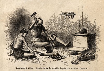 Blacksmiths in front of their forge in Yedo (or Edo, imperial capital, present-day Tokyo). Engraving to illustrate the voyage to Japan, in 1863-1864, by Aime Humbert, minister of the Swiss Confederation, in Le tour du monde, nouveau journal des voyages by Unknown artist