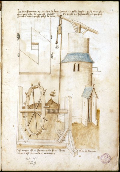 Lever System with Pulley for Construction Site - Manuscript: Parchment Sheet of an Engineer
