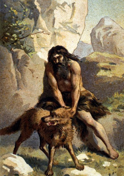 Lycanthropy: Delirium of the one who thinks he is transformed into a wolf. Chromo of the 19th century. by Unknown artist