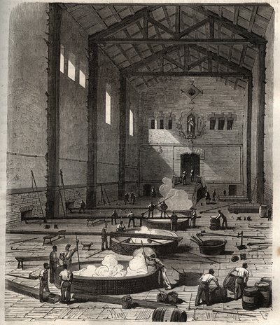 Manufacture of soap - Operation of stacking in the boiler room of a soap factory in Marseille - engraving in 