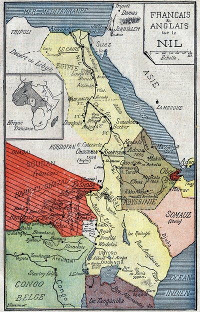 Map of African territories colonized by French and English along the Nile. Illustration in Le Pelerin of October 2 by Unknown artist