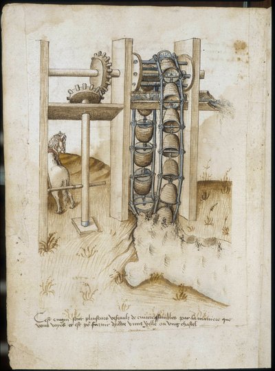 Mechanical System with a Wheel at the Force of a Horse to Dig the Earth - Manuscript: Parchment Sheet of an Engineer