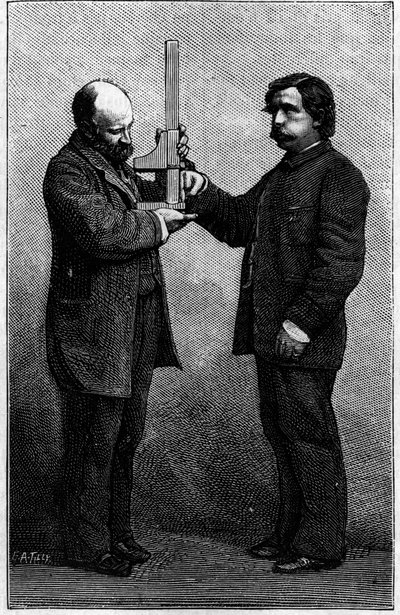 Method of identification of the font: measurement of the middle finger by means of a sliding compass. Engraving in 