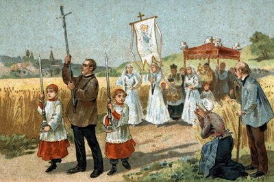 Old custom celebrated in the Berry region: the procession in the wheat. Religious feast. Chromolithography of the late 19th century by Unknown artist