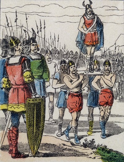 On the death of Childeric I, his son Clovis was elected king by the Salians Francs who carried him on the bulwark while touring the camp by Unknown artist