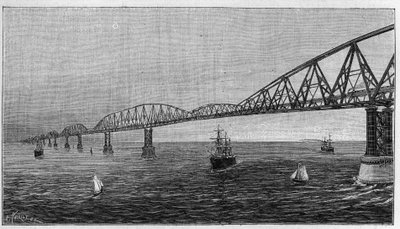 Overview of the Bridge over the Channel, project of a bridge crossing the Channel to connect France to England. Engraving in 