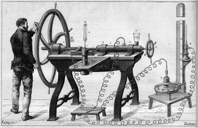 Physics: the gas-leaking apparatus invented by Louis Paul Cailletet. Engraving in “La Nature” by Unknown artist