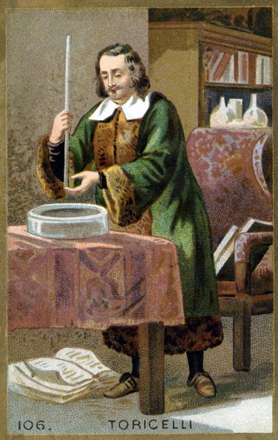 Portrait of Evangelista Torricelli or Toricelli (1608 - 1647), Italian physicist with his invention the Barometer (mercury tube). Chromolithography of the 19th century by Unknown artist