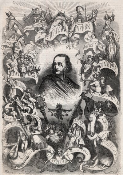 Portrait of Jacques Offenbach, French Composer and Director of the Theatre des Bouffes Parisiens, Encircled by Characters of His Works (Engraving in Le Monde Illustré) by Unknown artist