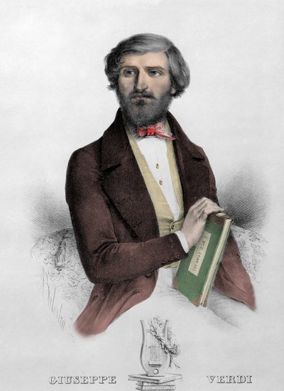 Portrait of the Italian composer Giuseppe Verdi with the score for 