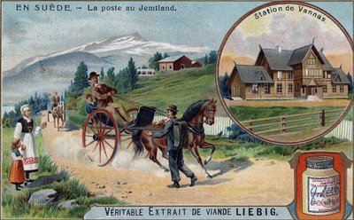 Post and postman in Jemtland, Sweden. Chromolithography, Liebig image. by Unknown artist