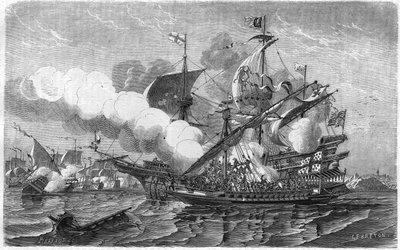 Pregent attacked the English fleet, commanded by Admiral Edouard Howart, April 1513 (19th century engraving) by Unknown artist
