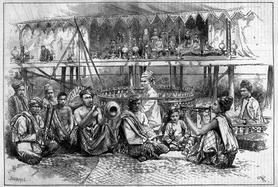 Puppet Theatre with Musicians in Burma. Engraving in 