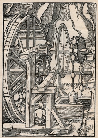 Rag-and-Chain Pump for Draining a Mine Operated by Men in Treadmill. From Agricola