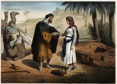 Rebecca and Eliezer at the well: Eliezer of Damascus, charged with finding a wife for Isaac in Mesopotamia, brings Rebecca back. Anonymous engraving of the 19th century by Unknown artist