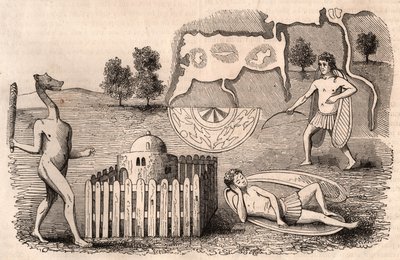 Representation of medieval tribes and animal species: men with long ears, one asleep, and a chimera with a mace by Unknown