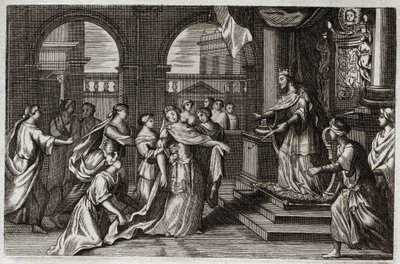 Royaumont Bible, Old Testament: Esther will present herself before King Xerxes I (Assuerus I), with the intention of saving her people from the death that threatened them. Illustration from 1811. by Unknown artist