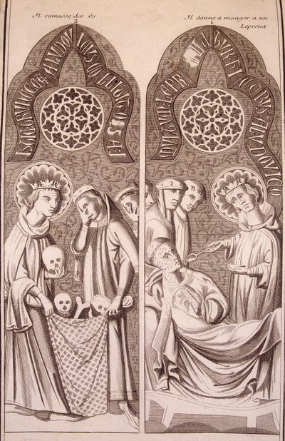 Saint Louis picks up bones and gives lepers food by Unknown artist