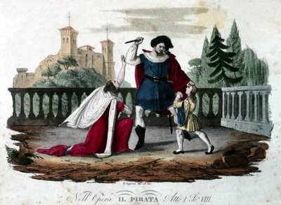 Scene 8 of Act V of “Il pirata” by Vincenzo Bellini. Colored engraving from 1827. First performance at the Teatro alla Scala by Unknown artist