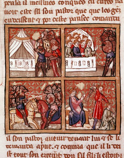 Scene of confrontation between two enemy camps, an execution at the bottom right. Page of a 14th century manuscript Biblioteca Marciana Venice by Unknown artist