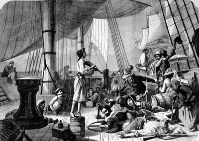 Scene on the deck of a pirate ship. 19th century engraving by Unknown artist
