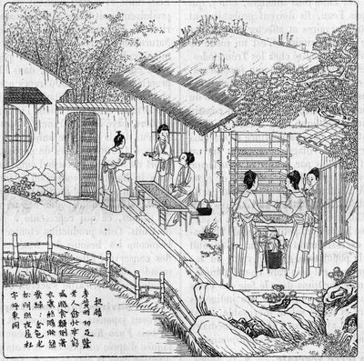 Silk and Silkworm in China: Separation of the worm that wants to spin. Engraving in 