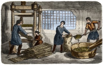 Sugar manufacturing: extraction of juice from beet pulp. The pulp is stuffed in bags that are stacked under the tray of a hydraulic press. Engraving from 1859 in 