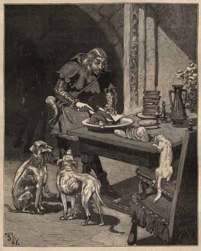 Table art: cuts food before the fork arrives. A man holds the meat with a sheet of paper in one hand and uses his knife in the other. Engraving from 1885 in 