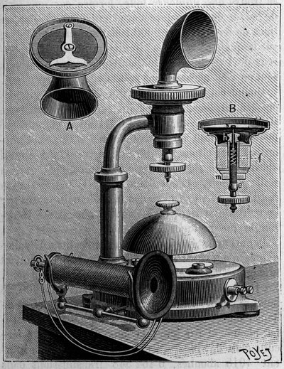 Telephony in Sweden: model of a telephone of the Ericsson Company. Engraving in La Nature: revue des sciences et de leurs applications aux arts et a l