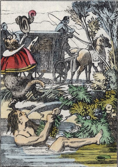 The Marquis de Carabas pretends to drown while the booted cat calls for help. Illustration of the tale 