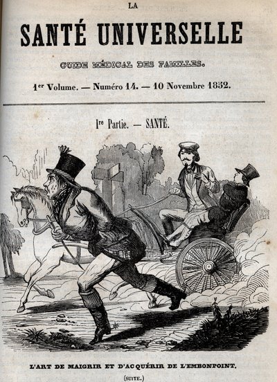 The art of losing weight and getting overweight: one man walks while another is transported in a carriage - engraving in 