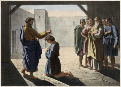 The coronation of David: Samuel designates David as king of Israel. Anonymous engraving of the 19th century by Unknown artist
